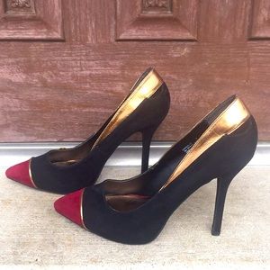 Black Maroon & Gold Stripe 80s Heels